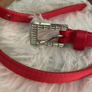 Pink Satiny Skinny Belt with Silver Buckle